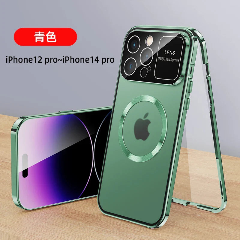 For iPhone 16 15 14 13 12 Pro Max Large Window Lens Protection Aluminum Metal Magnetic Case