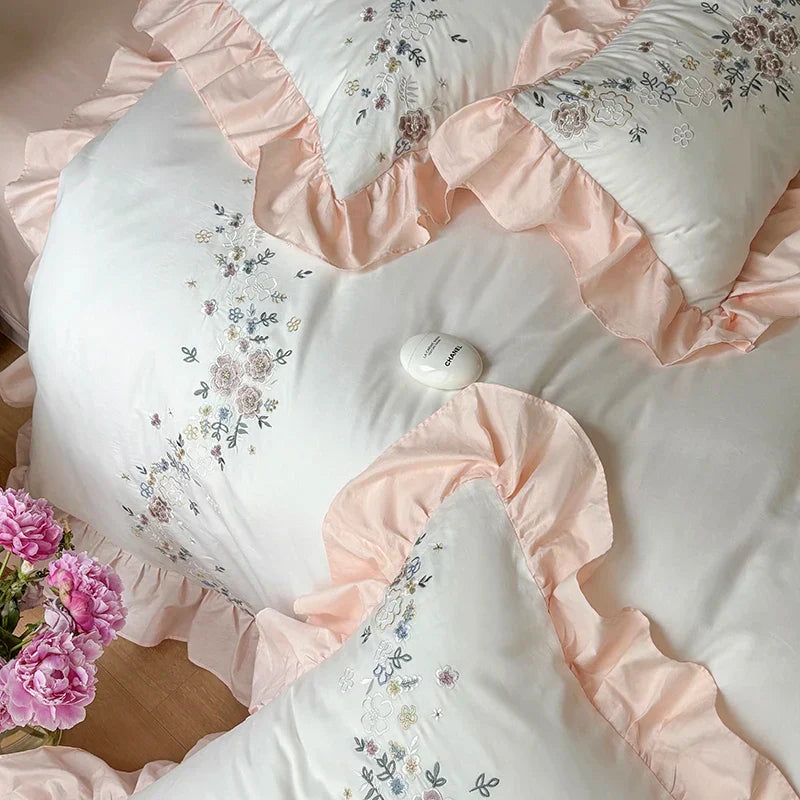 DecorBites™ Korean Princess Lace Ruffles Flowers Embroidery Bedding Set with 100% Cotton Quality.