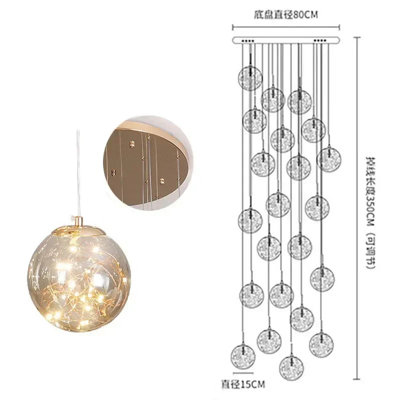 DecorBites™ Gold LED Glass Chandelier: Minimalist Round Ball Staircase Lighting Fixtures