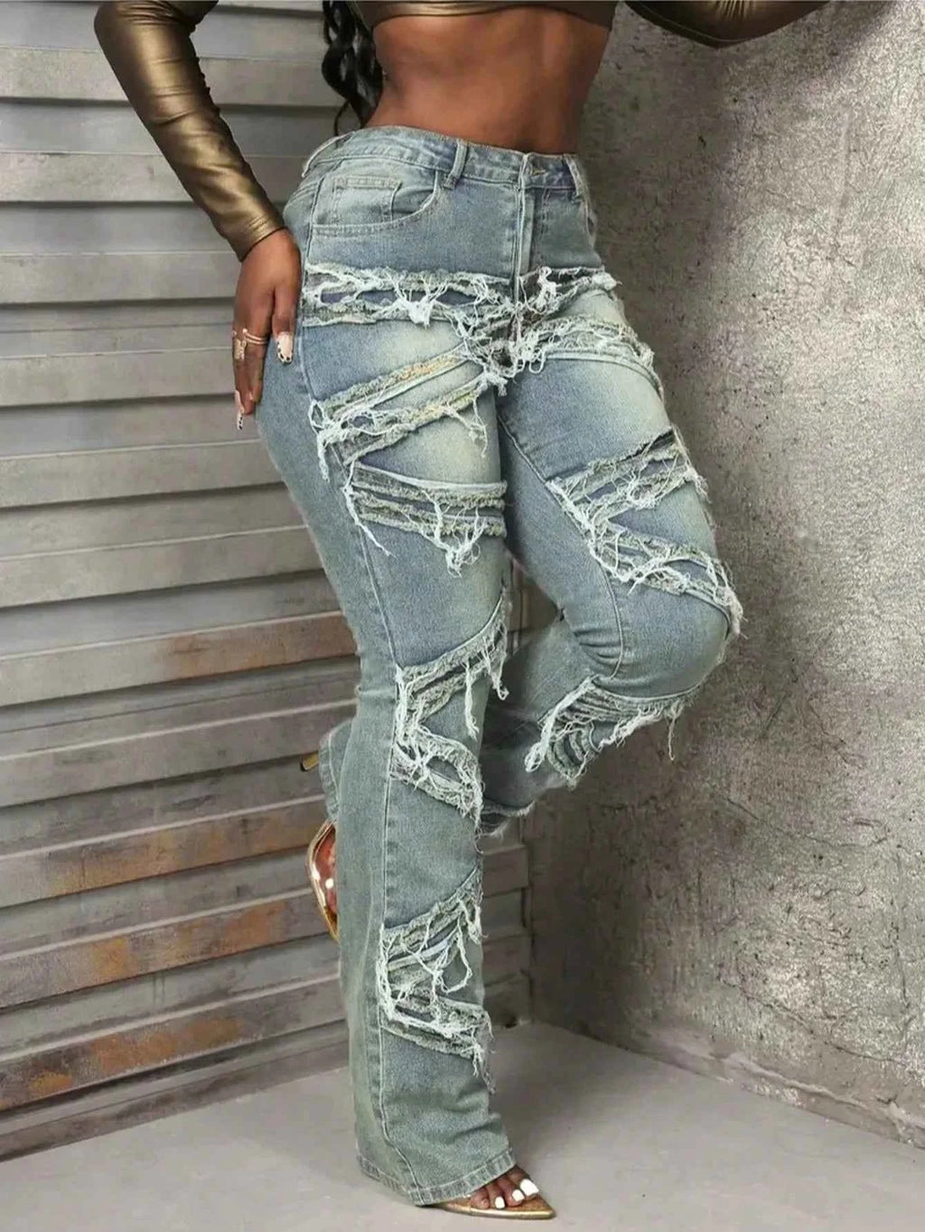 Y2K 90s Street Style Women's Vintage Fringed Distressed Flare Jeans