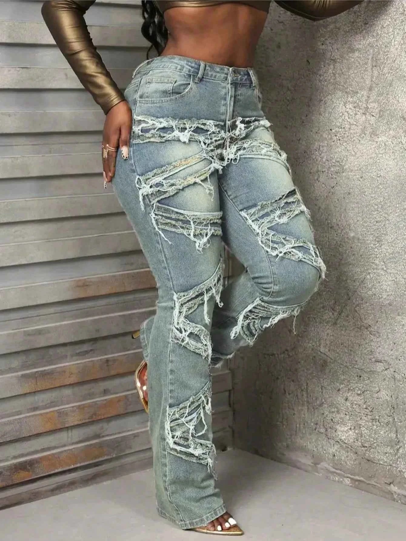 Y2K 90s Street Style Women's Vintage Fringed Distressed Flare Jeans