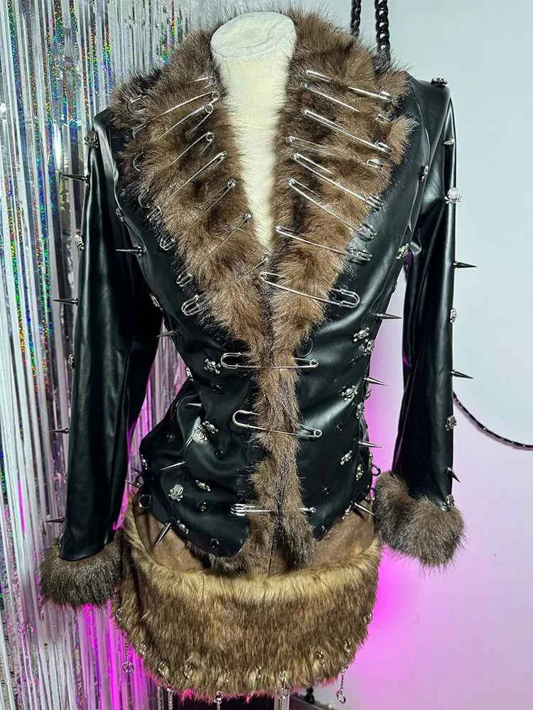 Grunge Goth Hand Made Punk Rock Studded Y2K Vegan Leather Faux Fur Jacket Pin