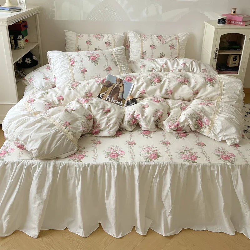 DecorBites™ Korean Princess Flowers Bedding Set - Duvet Cover, Bed Skirt, Pillowcases