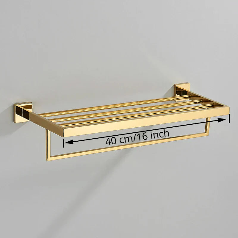 DecorBites™ Gold Bathroom Hardware Set: Robe Hook, Towel Rail, Shelf, Tissue Holder