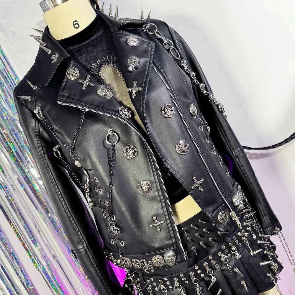 Women's Y2K Vegan Leather Skull Studded Rivets Jacket
