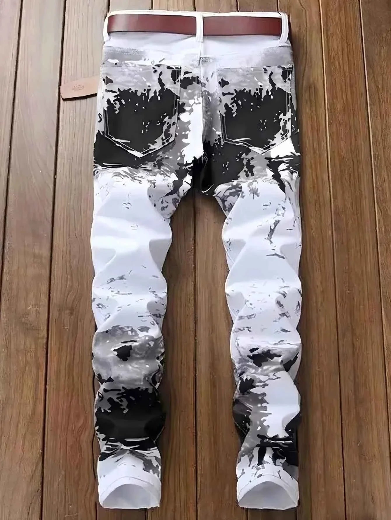 Men's Pants Casual Black And Grey Printed Denim Pants Slim Fit