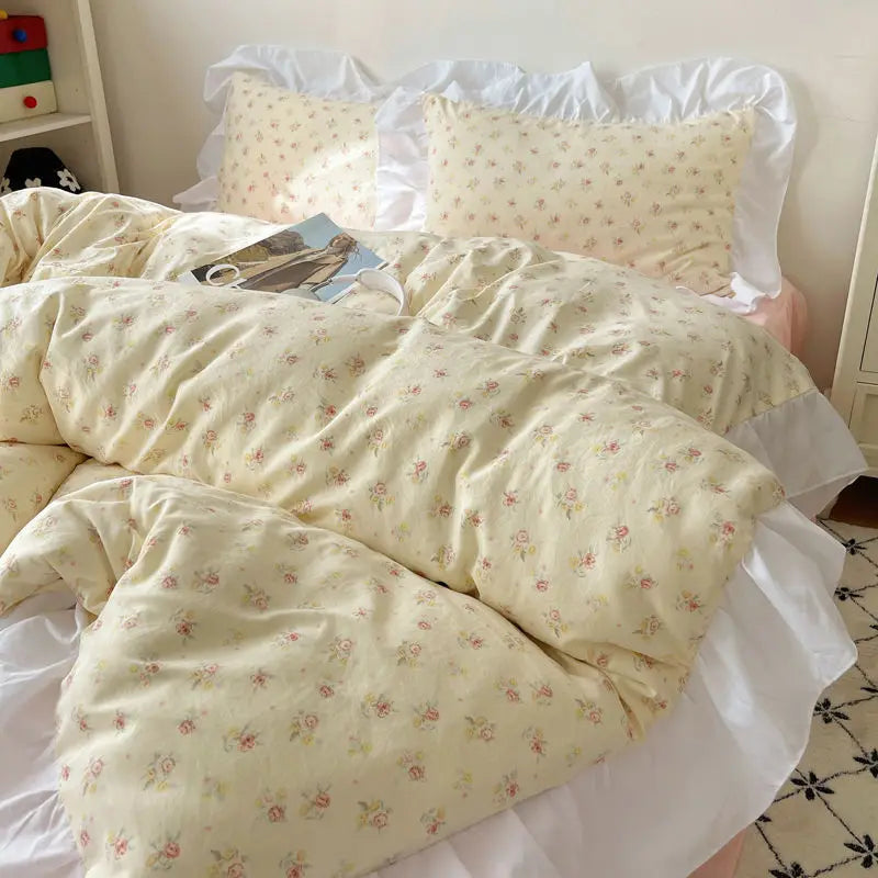 DecorBites™ Korean Lace Bedding Set, Full Double Size, Washed Cotton, Soft Bedclothes
