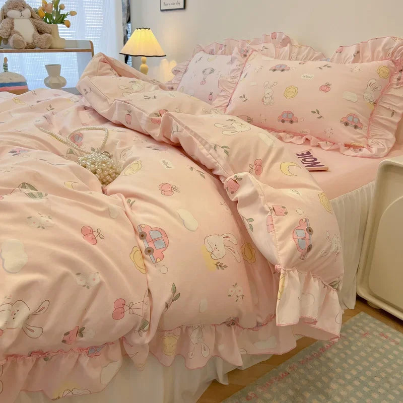 DecorBites™ Lace Bedding Set: Printed Design, Single Queen Size, Cozy Quilt Cover, Fitted Sheet, 2 Pillowcases