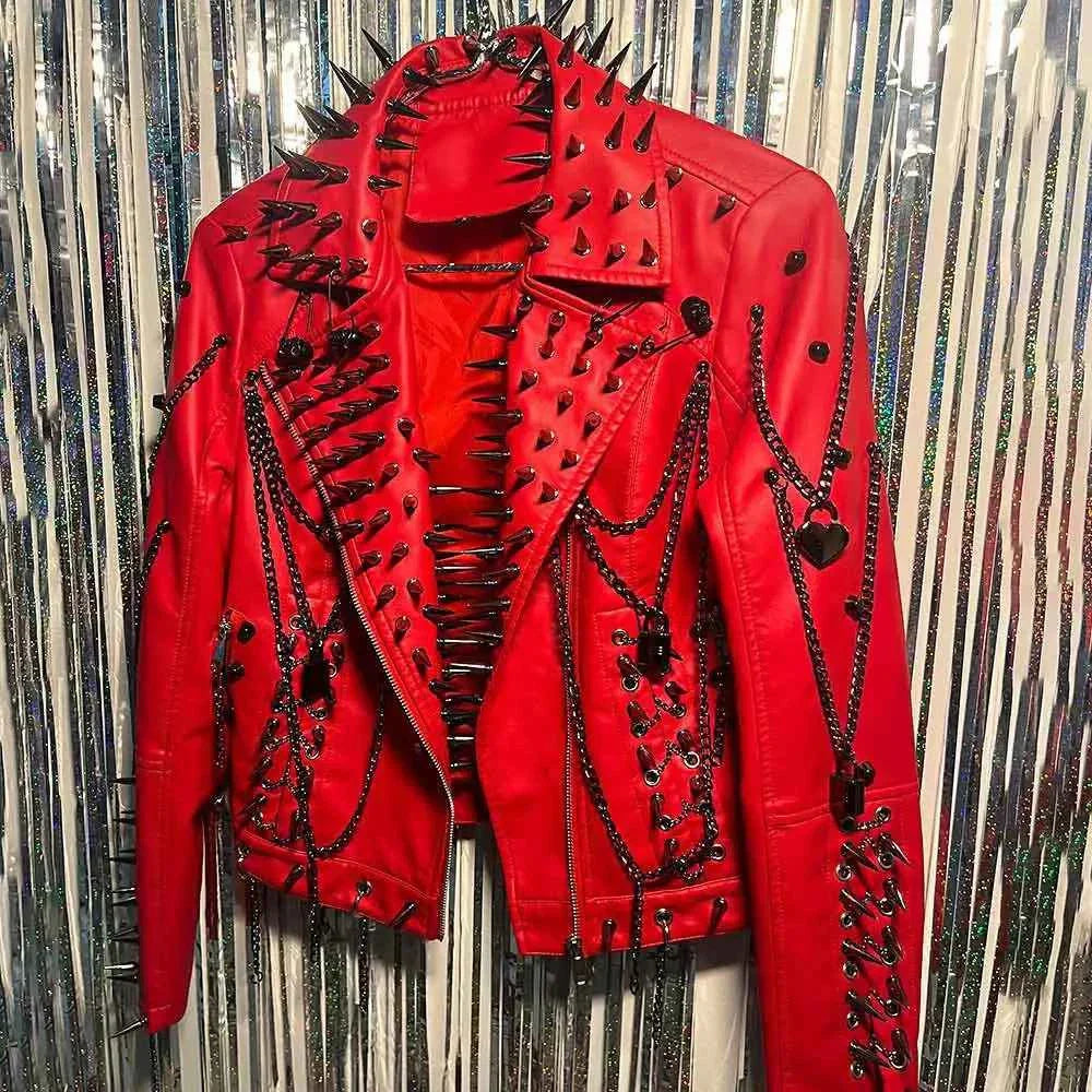 Women's Spiked Studded Rivet Goth Emo Pu Leather Jacket Grunge