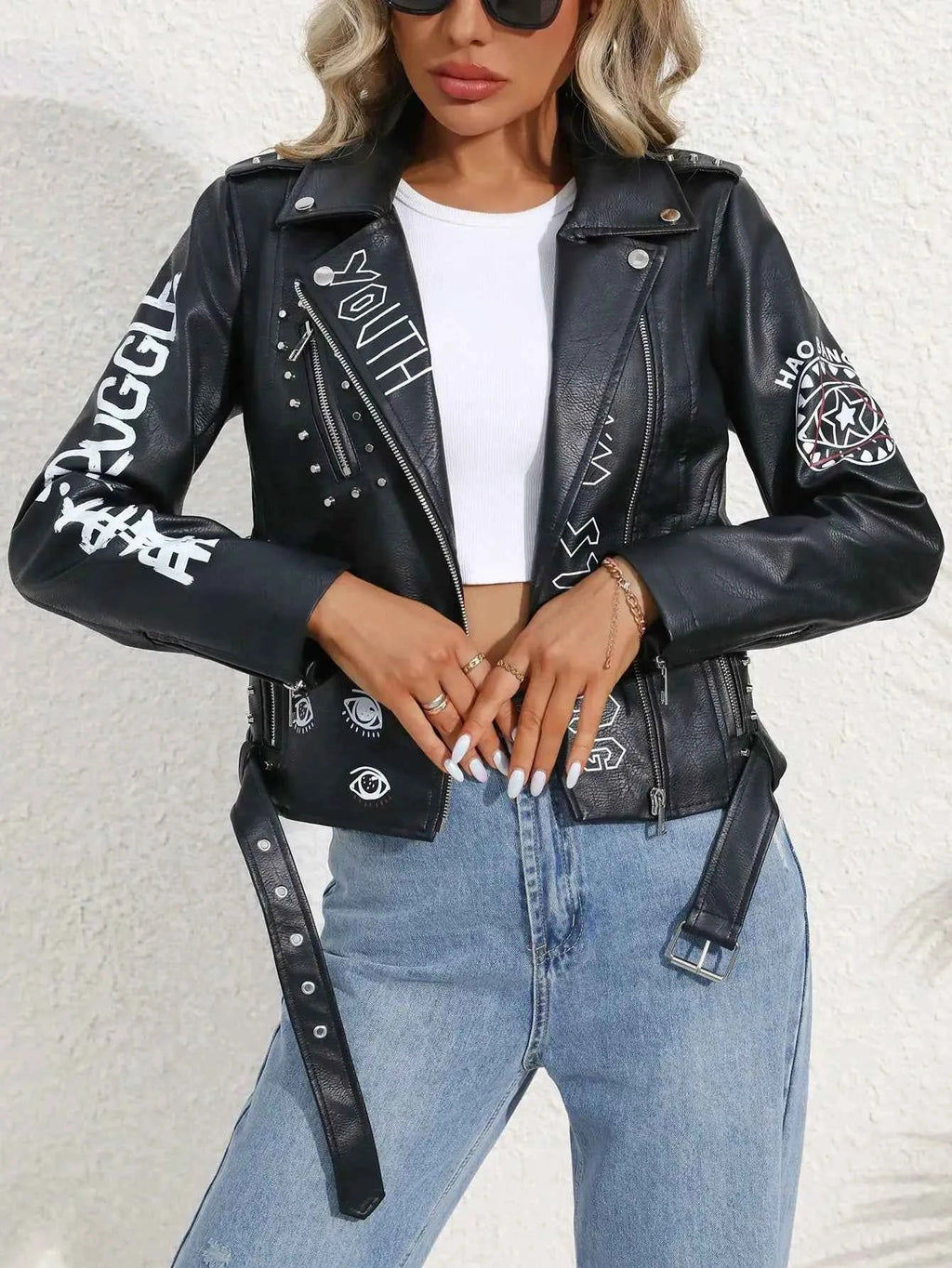 Women's Faux PU Leather Jacket Casual Lady Lapel Zipper Graffiti Print
