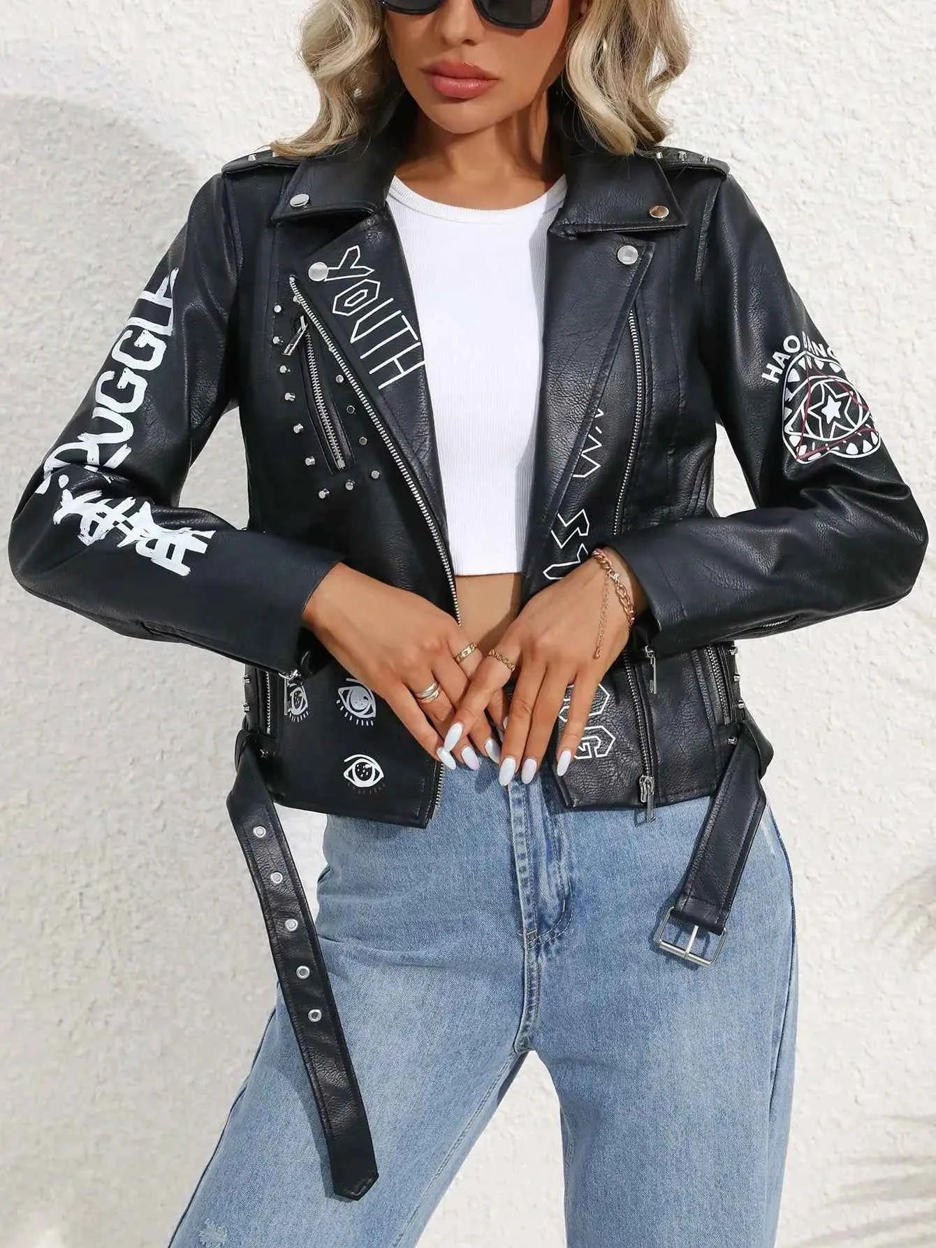 Women's Faux PU Leather Jacket Casual Lady Lapel Zipper Graffiti Print