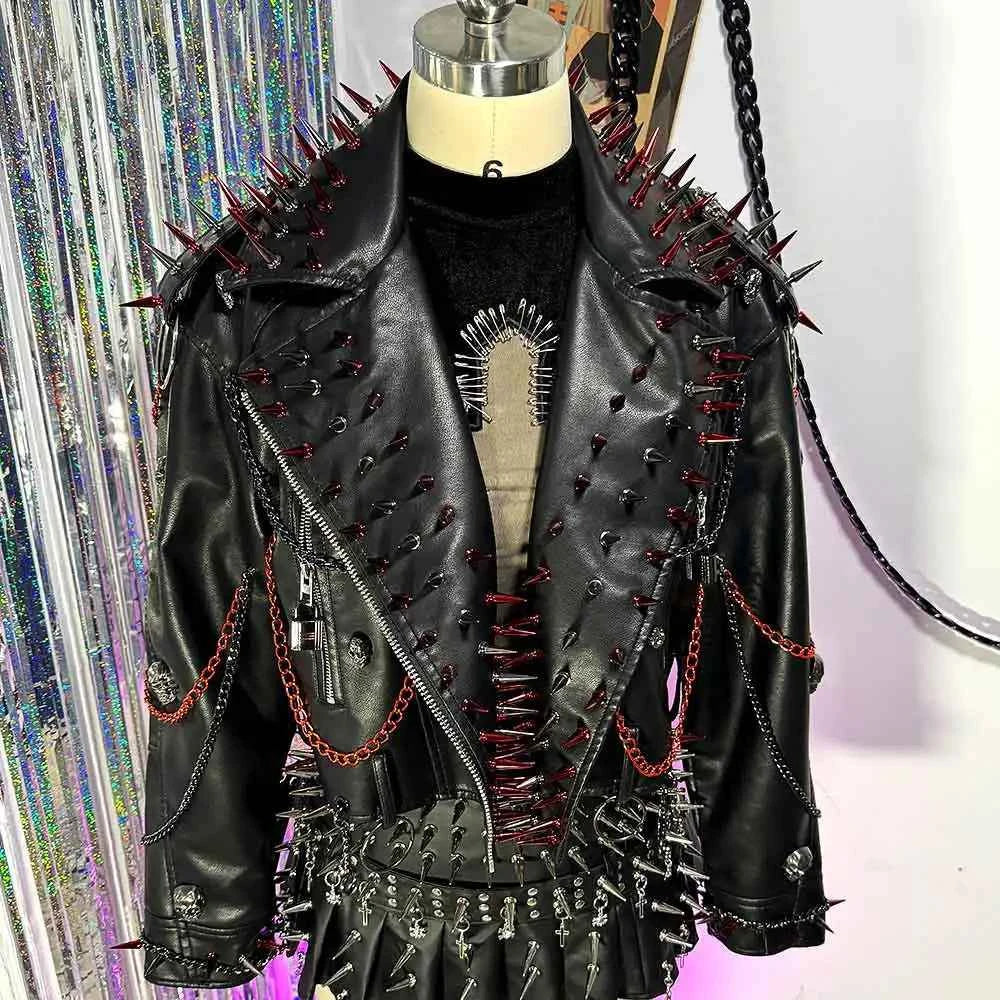 Women's PU Leather Skull Studded Jacket Vintage Hand Made Studded Rivet