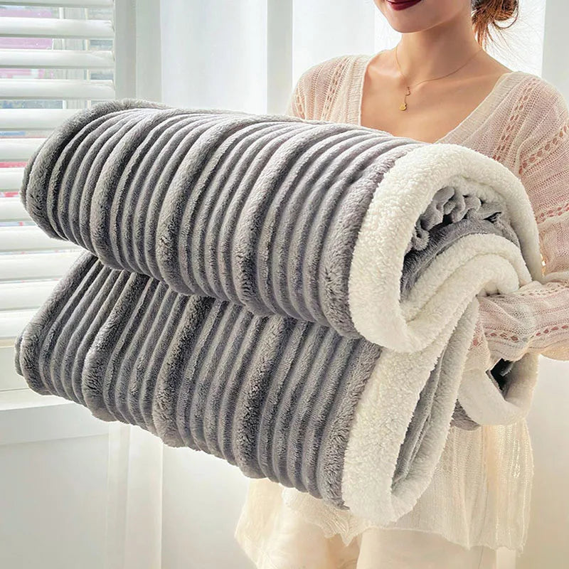 DecorBites™ Cozy Lamb Wool Plush Blanket for Adults: Soft, Thickened, Multi-Use Ribbed Shawl
