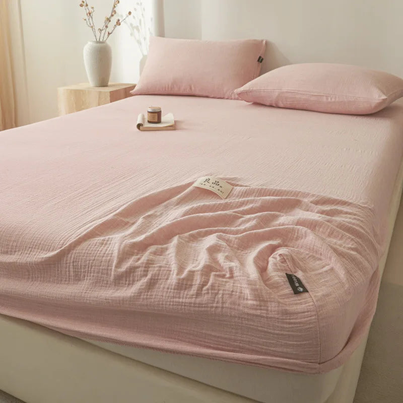 DecorBites™ Cotton Fitted Sheet: Wrinkled Yarn, Nordic Comfort, All Seasons Bed Cover