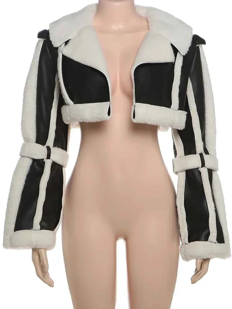 Furry Patchwork Women's Crop Jacket Warm Outwear Basic