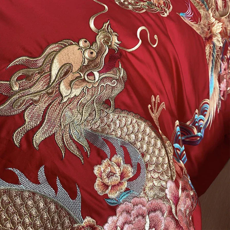 DecorBites™ Gold Loong Phoenix Embroidery Queen Bedding Set, Luxurious Brushed 4Pcs Set