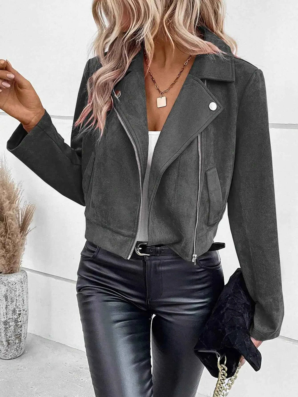 Faux Suede Women's Bomber Jacket Zipper