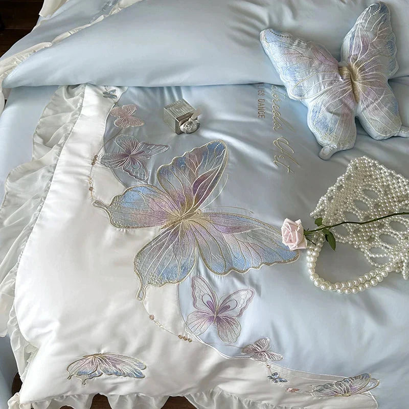 DecorBites™ French Lace Butterfly Embroidery Bedding Set in 100S Egyptian Cotton