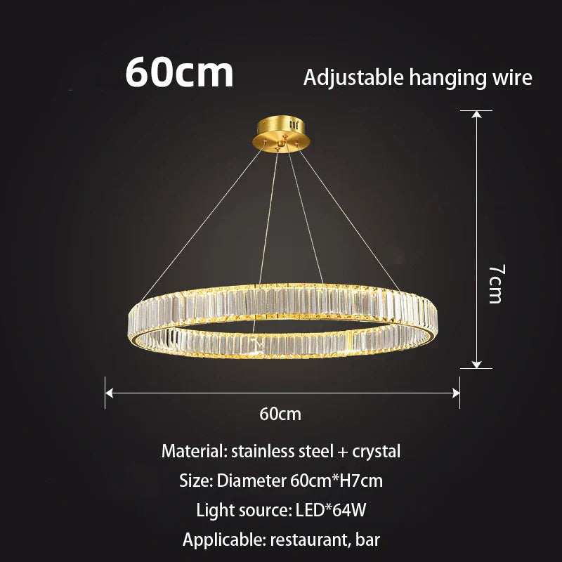 DecorBites™ Gold Crystal Round Ring Chandeliers with LED Pendant Light for Ceiling Lighting