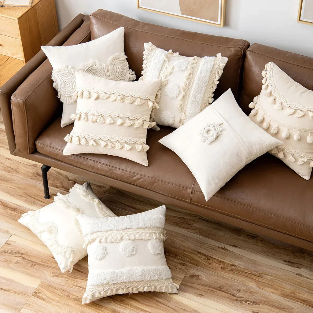 DecorBites™ Beige Tufted Fringed Cushion Cover Cotton Linen Tassel Crochet Pillow Cover