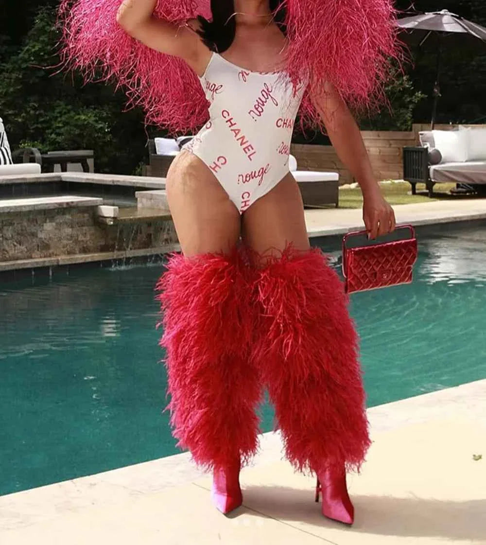 Feather Stiletto Heels Over-the-Knee Boots Plush Fluffy Feather