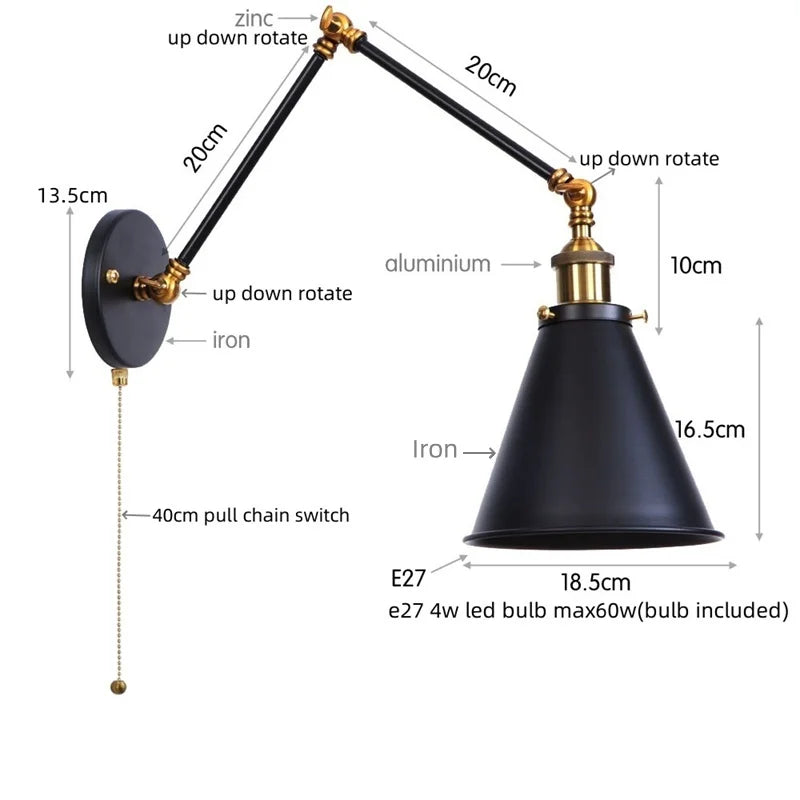 DecorBites™ LED Long Arm Wall Lamp with Pull Chain Switch for Home Hotel Bathroom