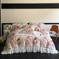 DecorBites™ French Flowers Lace Ruffles Bedding Set: Soft Silky Ice Silk for Single Queen King