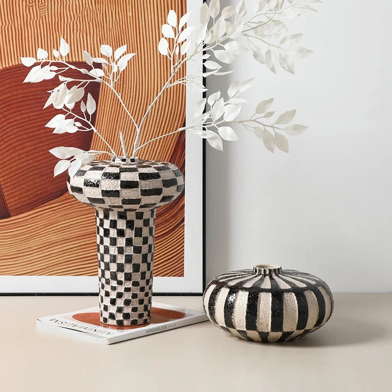 DecorBites™ Geometric Check Ceramic Vase for Home Decor and Floral Arrangements