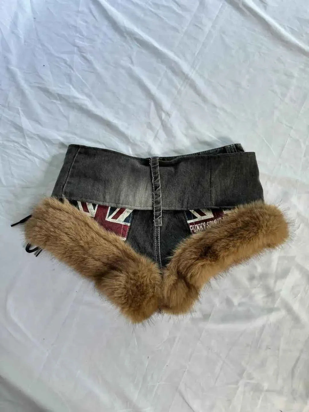 Fur Collar Mini Denim Bottoms for Women Y2k Personality