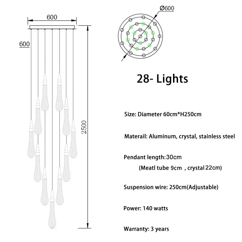 DecorBites™ Crystal Tear Drop Ceiling Chandelier LED Pendant Light Fixture