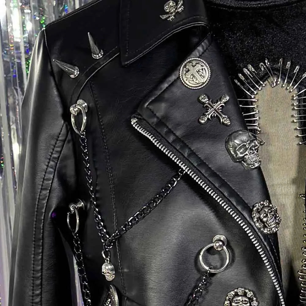 Women's Y2K Vegan Leather Skull Studded Rivets Jacket
