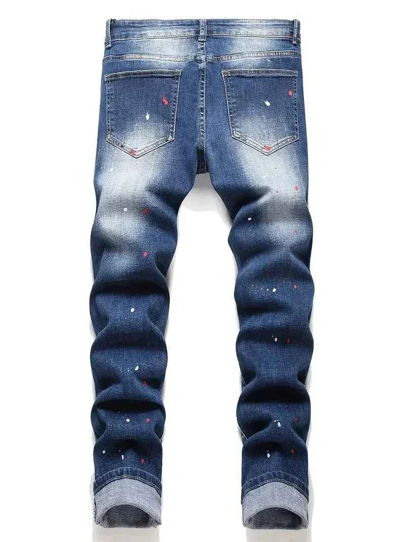 Men's Y2K Stretchy Denim Pants Ripped Skinny Letter Print elastic waist Casual pants