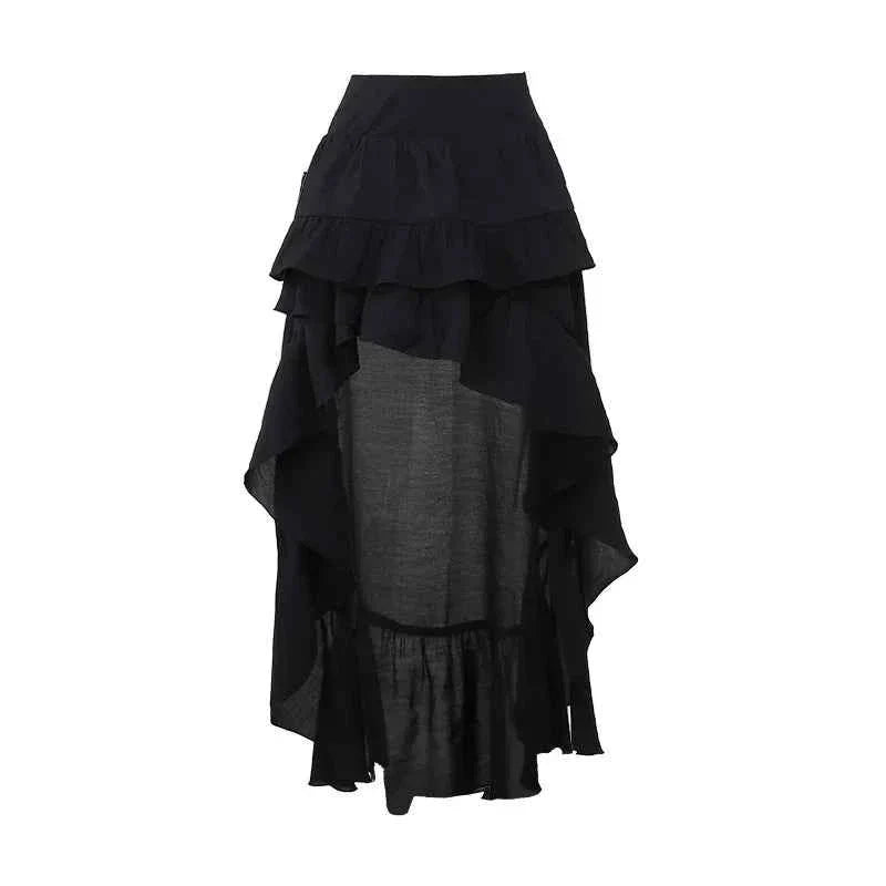 Goth Dark Kawaii Black Tiered Skirt 90S Retro Irregular Hem