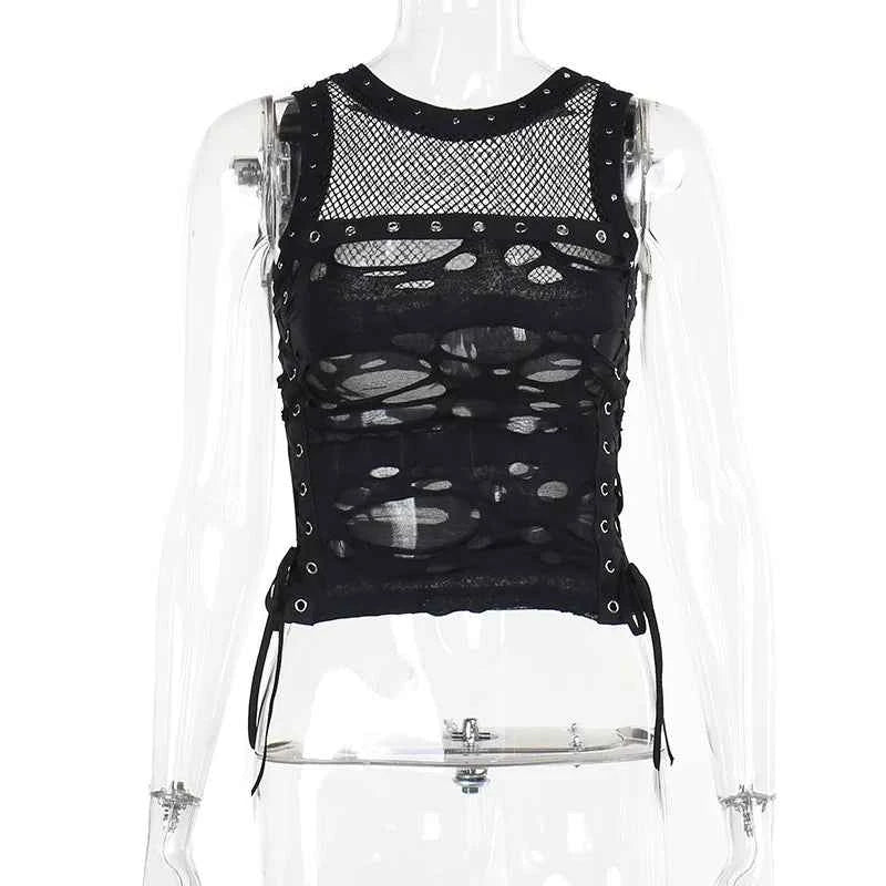 Gothic Crop Top T-Shirt for Women Sexy Fishnet Backless Steampunk