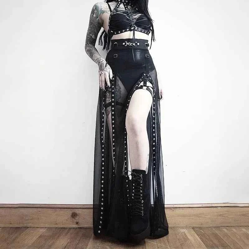 Goth Mesh Side Slit Skirt Lace Up
