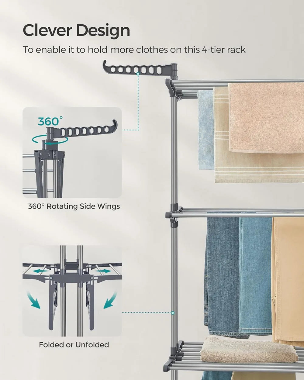Foldable Plastic Clothes Drying Rack Laundry 4-Tier, Moveable Clothes Horse
