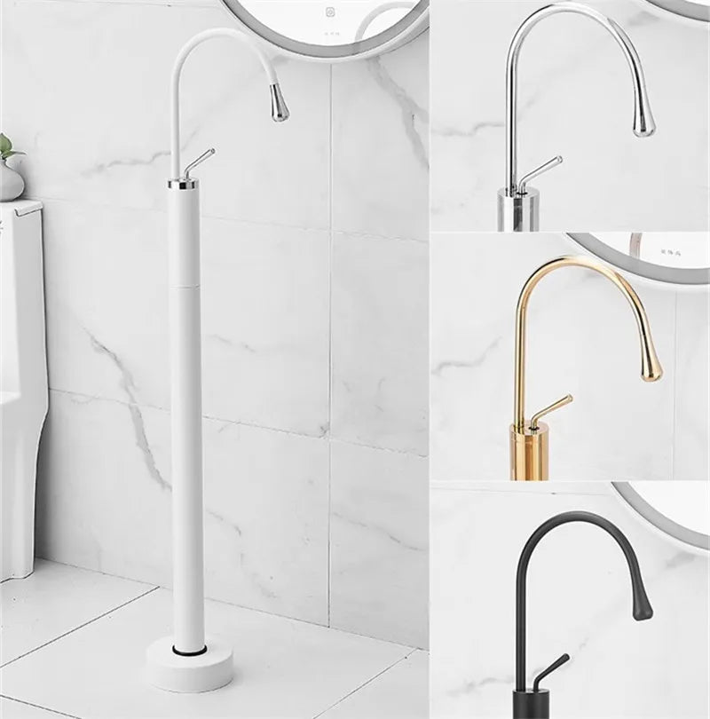 DecorBites™ Black Brass Floor Standing Bathtub Faucet with Long Water Drop Design