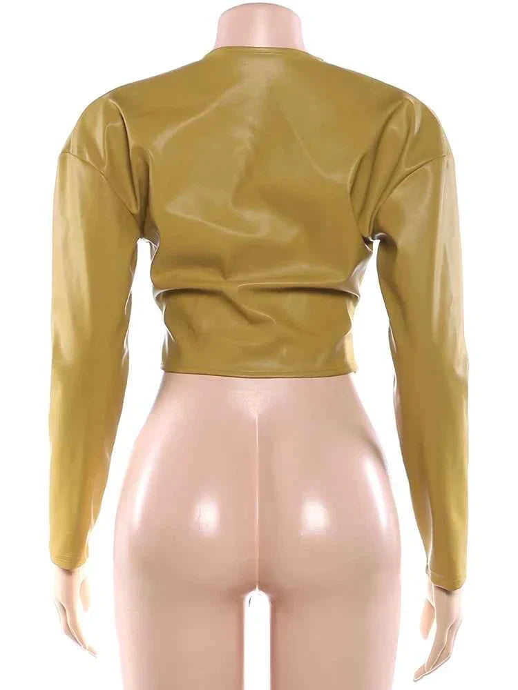 PU Crop Jacket Women Irregular Waist-Cinch Spring Wild Zip Full Sleeve Streetwear
