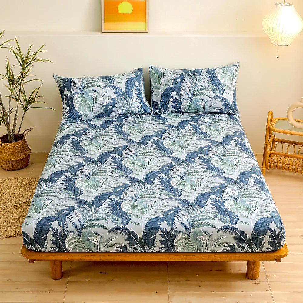 DecorBites™ Golden Feather Sheet Set: Fitted Sheet & 2 Pillowcases, All Season Bedspread