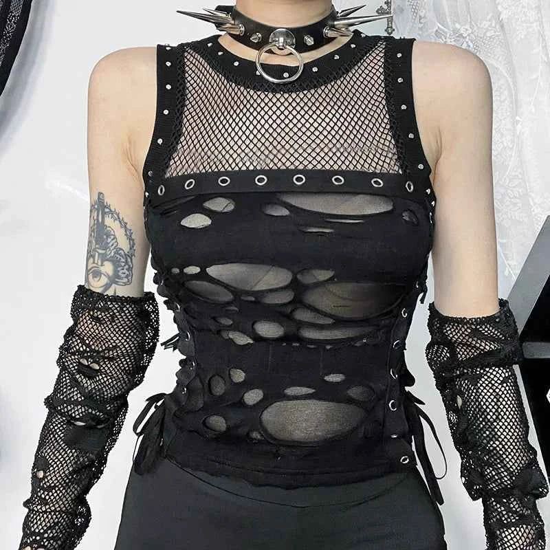 Gothic Crop Top T-Shirt for Women Sexy Fishnet Backless Steampunk