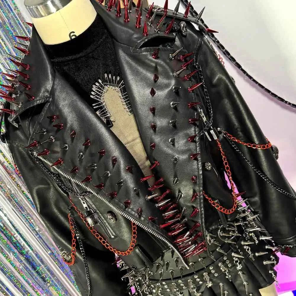 Women's PU Leather Skull Studded Jacket Vintage Hand Made Studded Rivet