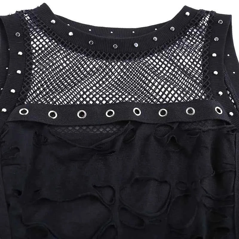 Gothic Crop Top T-Shirt for Women Sexy Fishnet Backless Steampunk
