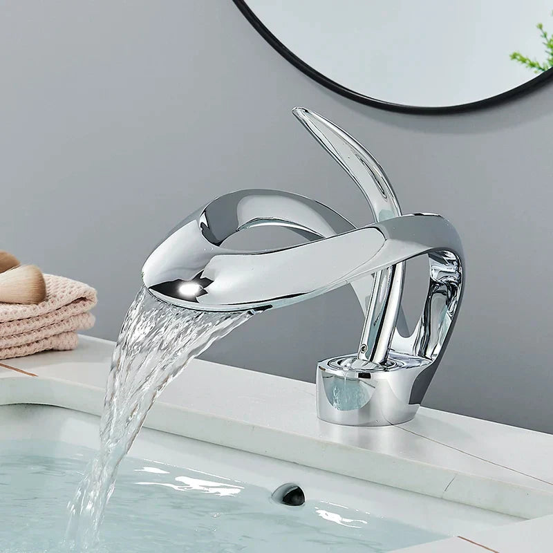 DecorBites™ Black Brass Waterfall Basin Faucet, Single Handle Deck Mount Vanity Tap