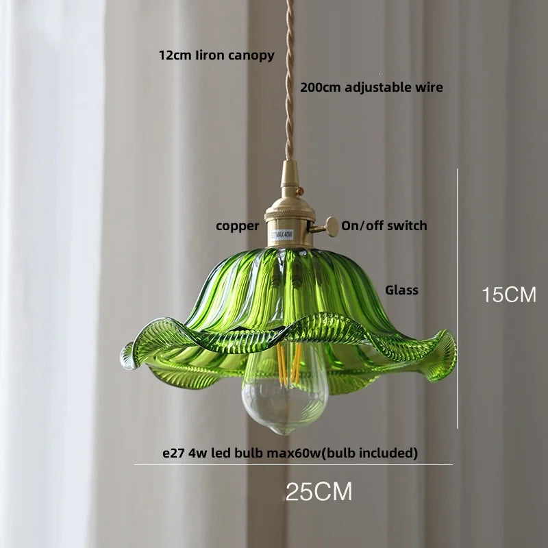 DecorBites™ Green Glass LED Pendant Lights with Walnut Wood Hanging Lamp