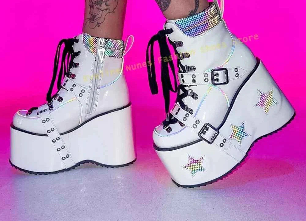 Green Spaced Out Platform Boots Round Patchwork Women Cyberpunk