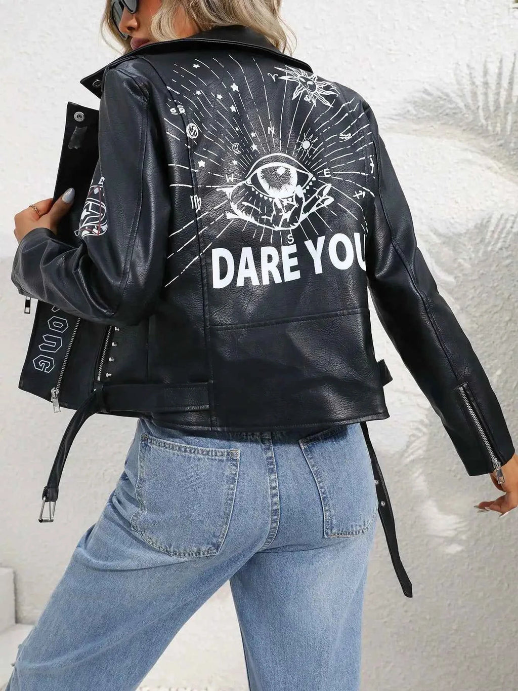 Women's Faux PU Leather Jacket Casual Lady Lapel Zipper Graffiti Print