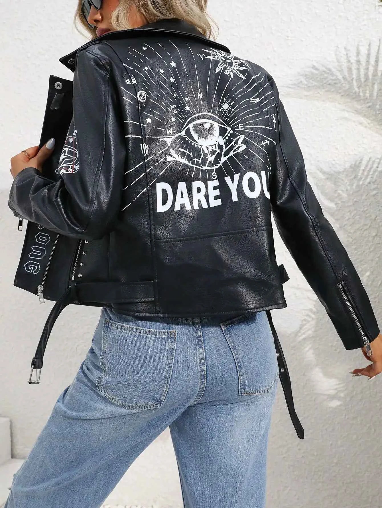 Women's Faux PU Leather Jacket Casual Lady Lapel Zipper Graffiti Print