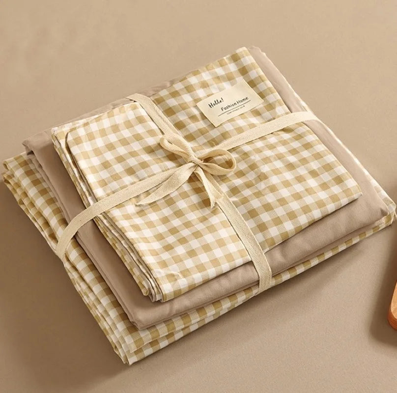 DecorBites™ Japanese Grid Printed Cotton Bedding Set in Queen/King for Cozy Sleep