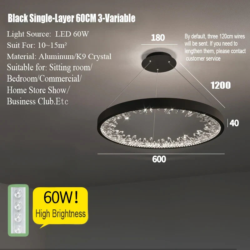DecorBites™ Crystal Led Chandelier: Modern Luxury K9 Ring Dimmable Circle Hanging Lamp - Bedroom Living Dining Room Lighting