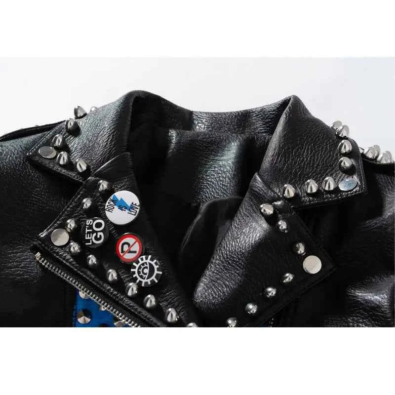 Faux Leather Jacket for Women Graffiti Print Punk Studded Slim Cropped Motorcycle Jackets
